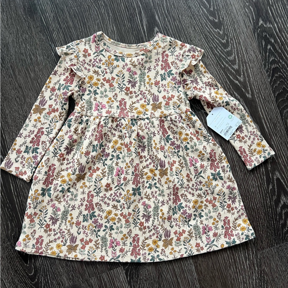 Girls' Floral Long-Sleeve Dress in Cream and Pink - Picture 3 of 3